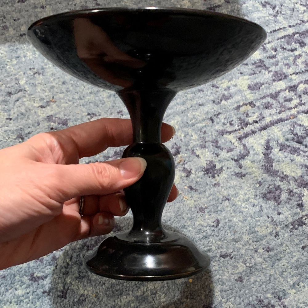 Vintage Japanese Black laquer Pedestal 6” candle holder or shallow candy Bowl